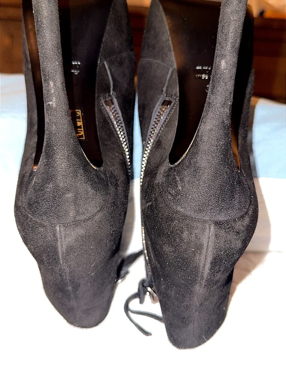 Miu Miu Black Suede Platform Ankle Booties with Gold Zip